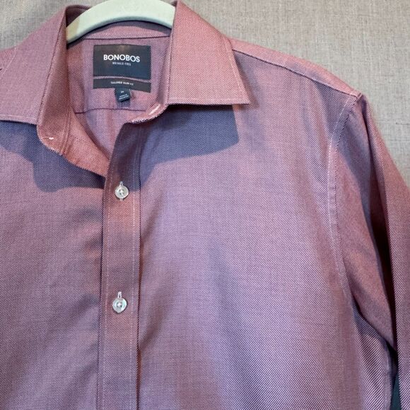 Bonobos Wrinkle-Free Tailored Slim Fit Shirt Maroon Micro Houndstooth 15.5 34 - Picture 3 of 9